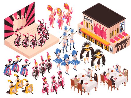 Cabaret isometric set with night restaurant building and different fragments of cancan show for adults isolated vector illustrationのイラスト素材