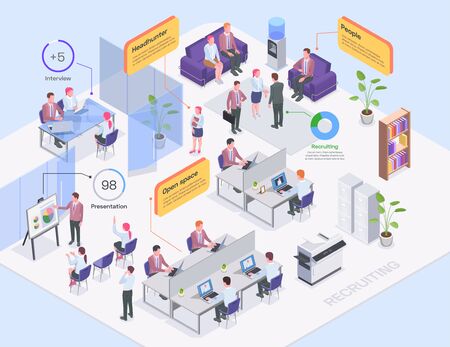 Recruiting agency office interior headhunters and job candidates isometric composition 3d vector illustrationのイラスト素材