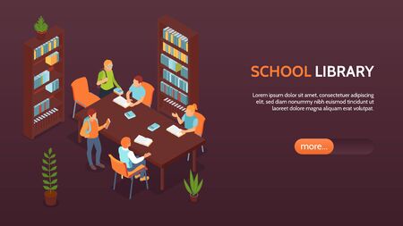 School library with bookshelves horizontal banner with pupils studying and discussing  isometric vector illustrationのイラスト素材