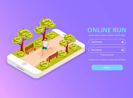 City runners community isometric landing page with training program tracking  workouts reaching personal fitness goals vector illustrationのイラスト素材