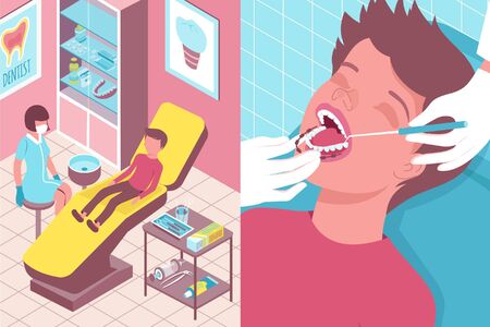Dentists office interior 2 vertical isometric banners with placing orthodontic braces on young patients teeth vector illustrationのイラスト素材