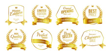 Ribbons emblems realistic set of eight isolated luxury logos with editable text captions and different shapes vector illustrationのイラスト素材