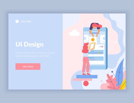 Web development flat composition web site landing page with see more button text and doodle images vector illustrationのイラスト素材