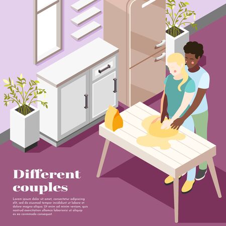 Different couples isometric poster with two characters of european and african appearance cooking together in home interior vector illustrationのイラスト素材
