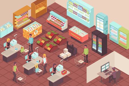 Supermarket isometric background with buyers paying for their purchases at checkout vector illustrationのイラスト素材