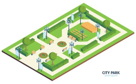 Isometric city park composition with text urban public garden with benches bushes and outdoor performance stage vector illustrationのイラスト素材
