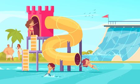 Traditional tall and super fun tube family water slides in amusements aqua park comics composition...