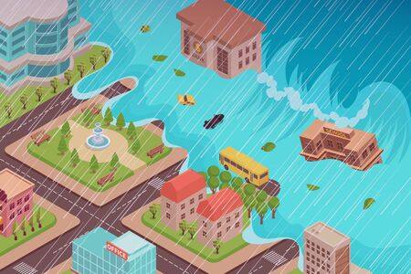 Flood disaster isometric composition with view of city being engulfed by the tidal wave with rain vector illustrationのイラスト素材