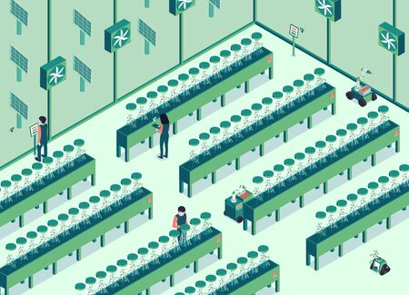 Isometric smart farm horizontal composition with indoor view of futuristic orchard house with rows of plants vector illustrationのイラスト素材