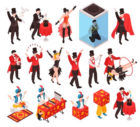 Isometric magician showing tricks focuses set of isolated human characters with show props and gaudy dress vector illustrationのイラスト素材