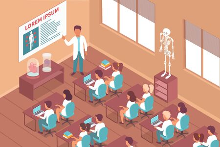 Students education in college isometric background with teacher conducting lesson in classroom vector illustrationのイラスト素材
