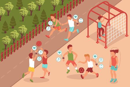 Sport gadget isometric composition with outdoor scenery and characters of teenage kids wearing electronic fitness accessories vector illustrationのイラスト素材