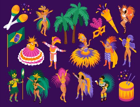 Brazilian carnival isometric set with festival and fun symbols isolated vector illustrationのイラスト素材