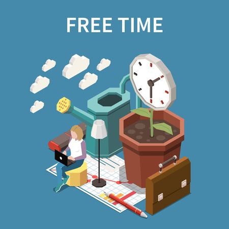 Free time concept with life balance symbols isometric vector illustrationのイラスト素材