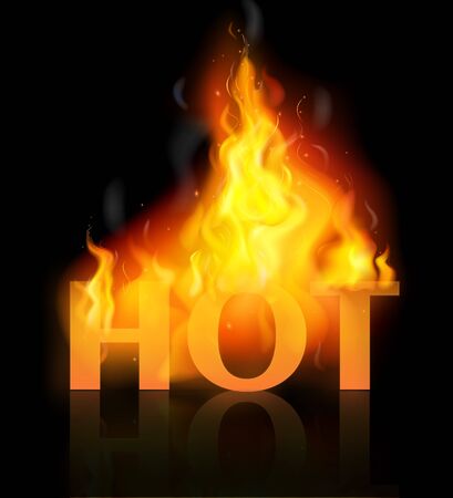 Colored realistic fire flame composition with big orange word hot on fire vector illustrationのイラスト素材