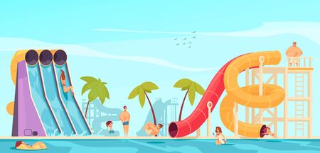 Aqua park leisure center attractions two color tube and tall fast steep water slides flat funny vector illustrationのイラスト素材