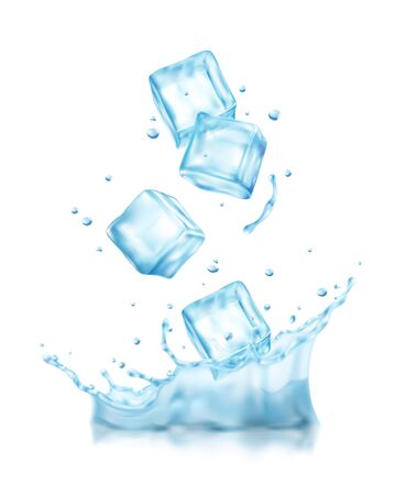 Realistic ice cubes splashes composition with view of cubes falling into cold water with drops vector illustrationのイラスト素材