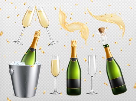 Champagne realistic transparent set with isolated splashes drops and drinking glasses with bottles in ice bucket vector illustrationのイラスト素材