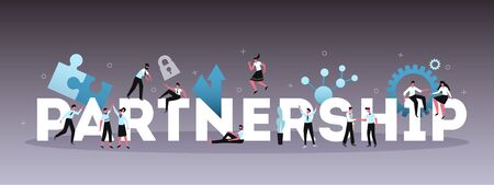 Partnership title horizontal white lettering header with teamwork cooperation support benefits modern symbols gradient background vector illustration のイラスト素材