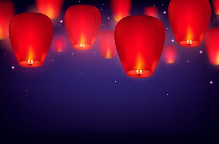 Sky lanterns background with dark sky gradient with stars and realistic images of hanging paper lanterns vector illustrationのイラスト素材