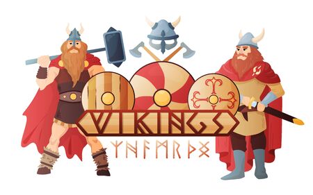 Vikings stylish lettering board with  legendary scandinavian warriors in traditional clothing flat composition title header vector illustrationのイラスト素材