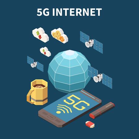 5g internet isometric concept with 3d satellites usb flash card and smartphone vector illustrationのイラスト素材
