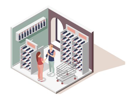 Promoter isometric design concept with shopping assistant helping customer in choice of wines in wine shop vector illustrationのイラスト素材