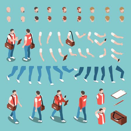Male character constructor set with various haircuts body gestures and accessories for work isolated on blue background 3d isometric vector illustrationのイラスト素材