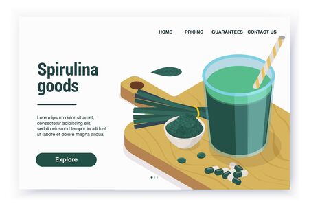 Spirulina isometric web site landing page with editable text links and cutting board with pills and powderのイラスト素材