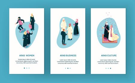 3d isometric set of vertical banners with arab family characters isolatedのイラスト素材