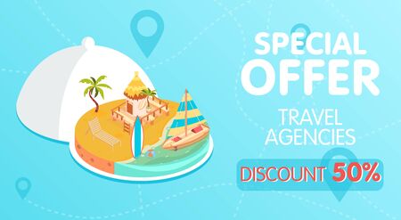 Travel agency isometric poster with beach resort symbolsのイラスト素材