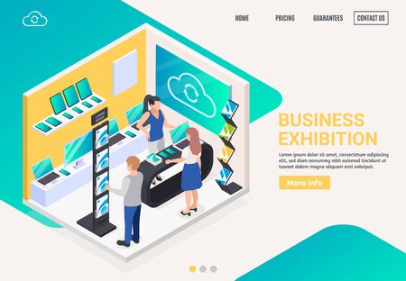 Modern business innovative electronic products promotion stand display offer isometric composition website landing page bannerのイラスト素材