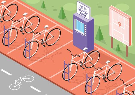 Bicycle rent isometric background with bike parking and map vector illustrationのイラスト素材