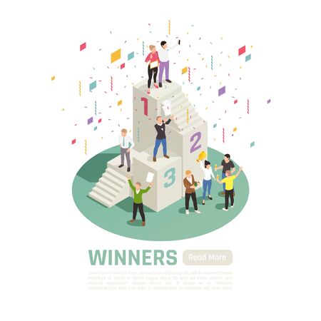 Isolated and isometric winner concept with prize winners stand on a podium vector illustrationのイラスト素材