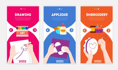 Handmade projects ideas for creative people 3 web vertical colorful banners with drawing applique embroidery vector illustrationのイラスト素材