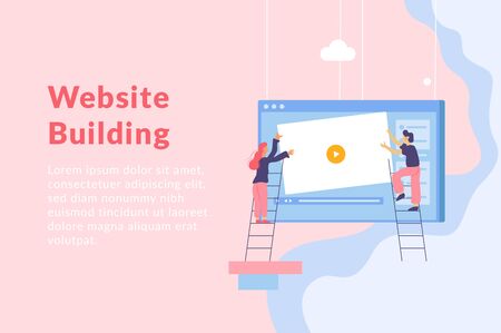 Web development flat background with composition on hanging computer screen window people on ladders and text vector illustrationのイラスト素材