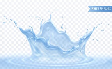 Water splash realistic composition on transparent background with detailed view of liquid drops and  water ripples vector illustrationのイラスト素材