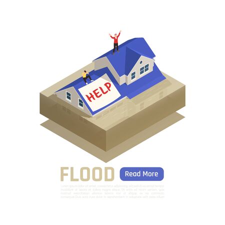 Natural disaster isolated and colored composition with flood headline and blue read more button vector illustrationのイラスト素材