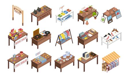 Set of isolated flea market garage isometric images with wooden tables and stalls with various goods vector illustrationのイラスト素材