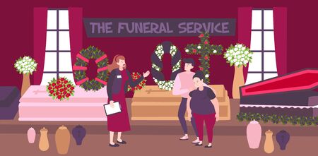 Funeral service banner with employee and sad family choosing coffin and funeral wreaths in agency interior flat vector illustrationのイラスト素材