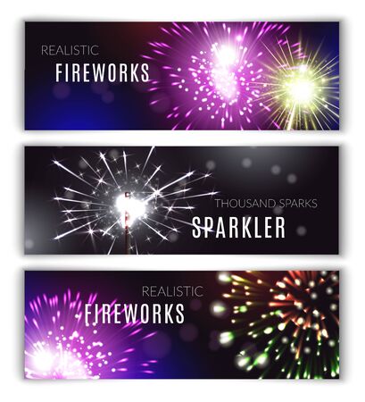 Fireworks horizontal banners realistic set with sparkler symbols isolated vector illustrationのイラスト素材