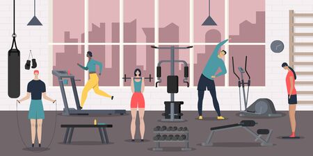 Sport club people composition with view of fitness hall with sports equipment and flat human characters vector illustrationのイラスト素材