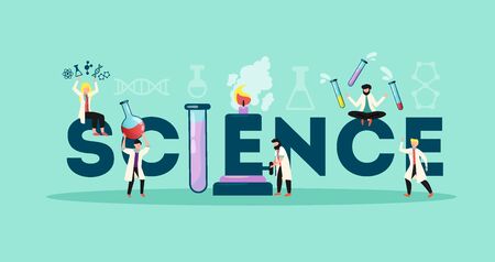 Science title header lettering decorated with lab assistants juggling with test tubes retorts flat horizontal vector illustrationのイラスト素材