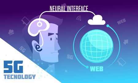 Biotechnology flat poster showing neural interface using 5g internet cloud technology vector illustrationのイラスト素材