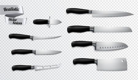 Kitchen butchers knives set closeup realistic image with boning slicer carver chef cleaver transparent background vector illustrationのイラスト素材