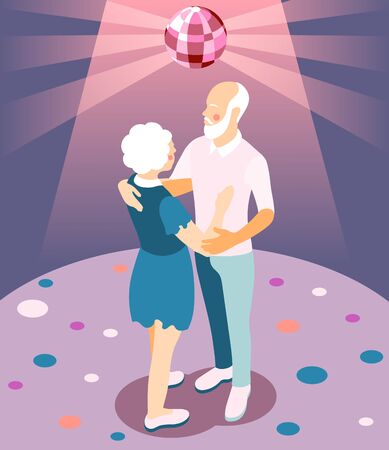 Modern elderly people isometric vector illustration with couple of pensioners dancing in night club sceneのイラスト素材