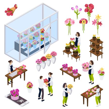 Flower shop isometric icons with customers and staff receiving online orders and making authors bouquets isolated vector illustrationのイラスト素材