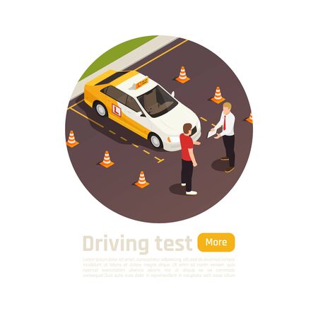 Driving school isometric round composition with circle view of student and instructor characters near training vehicle vector illustrationのイラスト素材