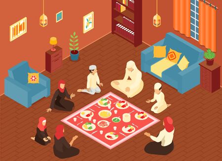 Arab family having dinner on floor at home 3d isometric vector illustrationのイラスト素材