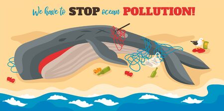 Ocean pollution isometric poster with big dying whale entangled in ropes lying on sea beach vector illustrationのイラスト素材